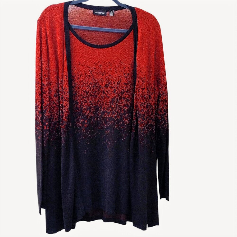 Nina Leonard Red-to-Black Ombré Speckled Long Sleeve Top, Size 2X
